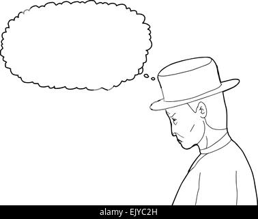 Outline cartoon of 1920s man with thought bubble Stock Photo