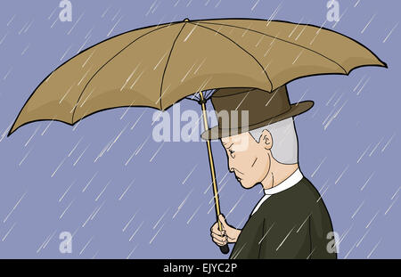 Side view cartoon of Caucasian man holding umbrella Stock Photo