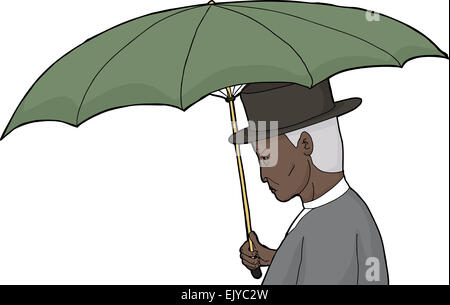 Profile of isolated cartoon of elderly man with umbrella Stock Photo