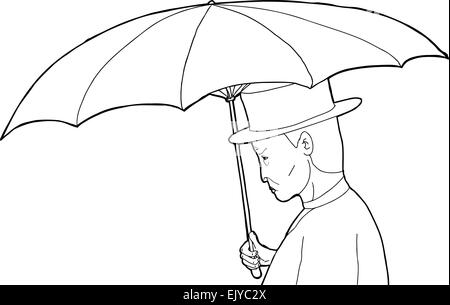 Outline profile of vintage man holding umbrella Stock Photo