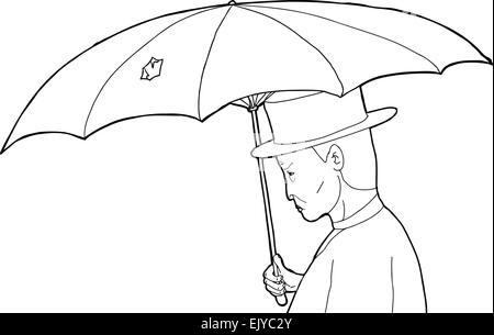 Outline profile of vintage man with torn umbrella Stock Photo