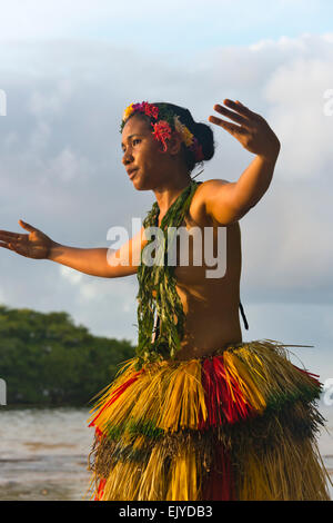 Yapese girl in grass skirt on the beach, Yap Island, Federated States ...