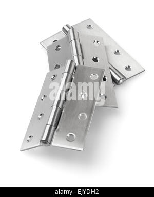Three Pieces of Stainless Steel Door Hinges On White Background Stock Photo