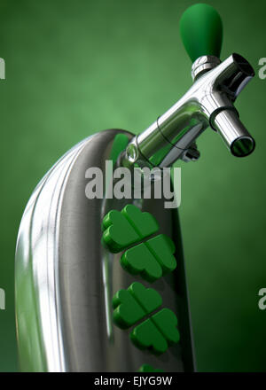 A green irish themed chrome draught beer tap with four-leaf clover symbols on it symbolising st patricks day on a green dark Stock Photo