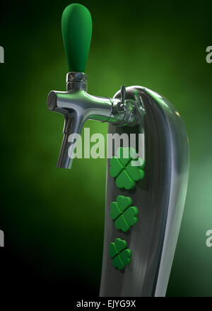 A green irish themed chrome draught beer tap with four-leaf clover symbols on it symbolising st patricks day on a green dark iso Stock Photo