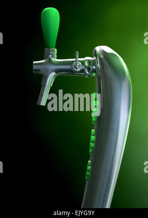 A green irish themed chrome draught beer tap with four-leaf clover symbols on it symbolising st patricks day on a green dark iso Stock Photo