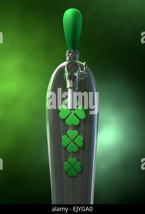 A green irish themed chrome draught beer tap with four-leaf clover symbols on it symbolising st patricks day on a green dark iso Stock Photo