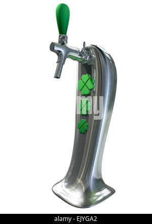 A green irish themed chrome draught beer tap with four-leaf clover symbols on it symbolising st patricks day on an isolated whit Stock Photo