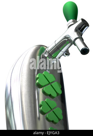 A green irish themed chrome draught beer tap with four-leaf clover symbols on it symbolising st patricks day on an isolated whit Stock Photo