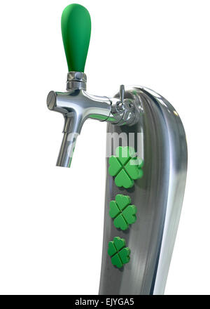 A green irish themed chrome draught beer tap with four-leaf clover symbols on it symbolising st patricks day on an isolated whit Stock Photo