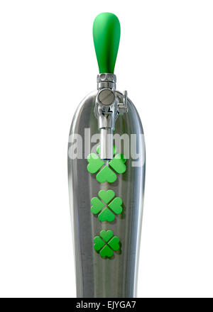 A green irish themed chrome draught beer tap with four-leaf clover symbols on it symbolising st patricks day on an isolated whit Stock Photo