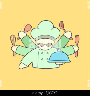 Flat vector icon of cute chef with mustaches and cutlery Stock Photo