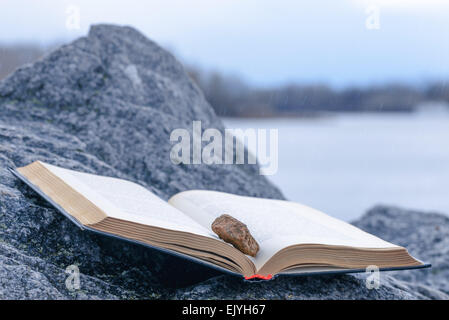 Stone on an open book put on a granite stone under the rain close to the river Stock Photo