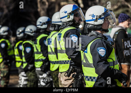 MONTREAL, CANADA, APRIL 02 2015. Riot in the Montreal Streets to counter the Economic Austerity Measures. Closeup of Police Gear Stock Photo