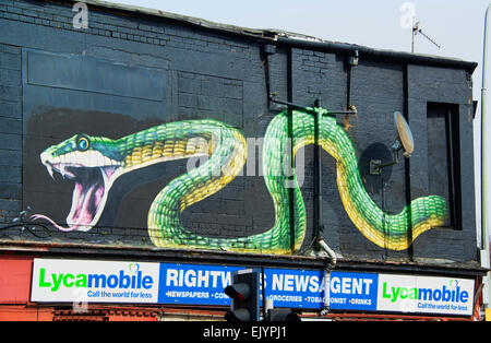 Street Art Mural of snake above shop on street corner.