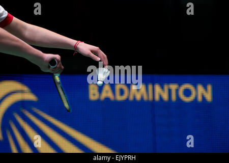 hand of badminton player with racket and shuttlecock Stock Photo