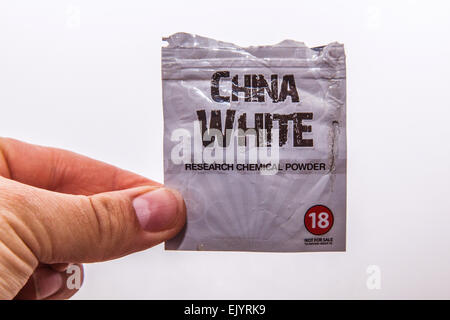 Packet of China White a legal high branded as a research chemical powder. Stock Photo