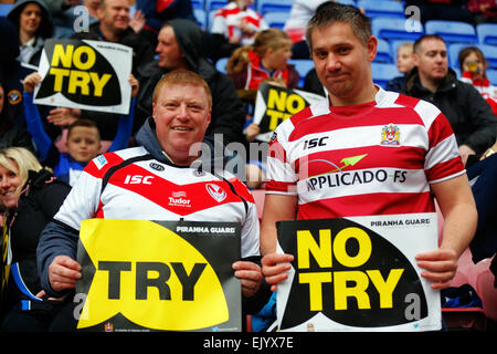 Wigan, UK. 03rd Apr, 2015. Super League Rugby. Wigan Warriors versus St Helens. Wigan and St Helens supporters engage in some friendly banter before kick off Credit:  Action Plus Sports/Alamy Live News Stock Photo