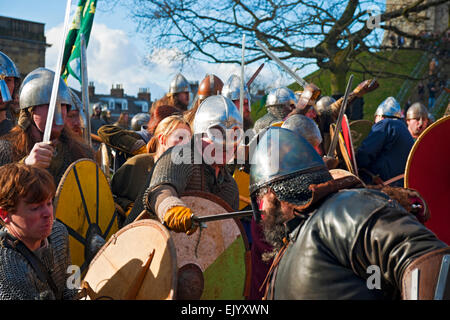 Close up of Vikings and Anglo Saxons in combat at the Annual Viking Festival York North Yorkshire England UK United Kingdom GB Great Britain Stock Photo