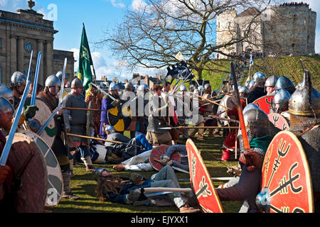 Vikings and Anglo Saxons in combat at Cliffords Tower during the Annual Viking Festival York North Yorkshire England UK United Kingdom Great Britain Stock Photo