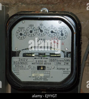 Electricity meter, old style electric meter, electricity meter with dials, meter reading, power supply, electricity, Stock Photo