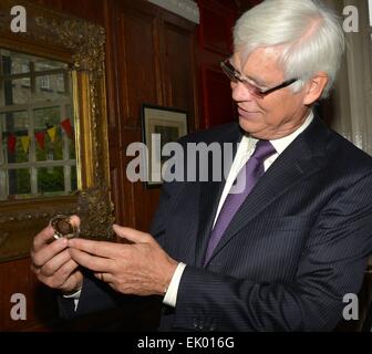 Nobel Prize winner Robert Engle received the Gold Medal of Honorary Patronage of the Trinity College Philosophical Society from Phil president Sarah Mortell, Dublin, Ireland - 29.09.14. Featuring: Robert Engle Where: Las Vegas, Nevada, United States When: Stock Photo