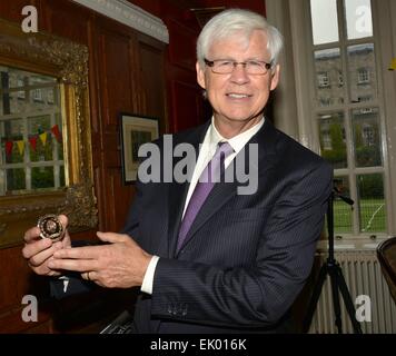 Nobel Prize winner Robert Engle received the Gold Medal of Honorary Patronage of the Trinity College Philosophical Society from Phil president Sarah Mortell, Dublin, Ireland - 29.09.14. Featuring: Robert Engle Where: Las Vegas, Nevada, United States When: Stock Photo