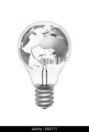 3D render of metallic relief map of earth inside light bulb Stock Photo