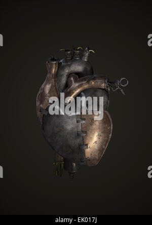 Steam-punk metal heart, 3D render of heart made of metal plates, pipes, valves and wires