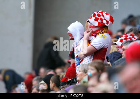 Wigan, UK. 03rd Apr, 2015. Super League Rugby. Wigan Warriors versus St Helens. Warriors Fans look on Credit:  Action Plus Sports/Alamy Live News Stock Photo