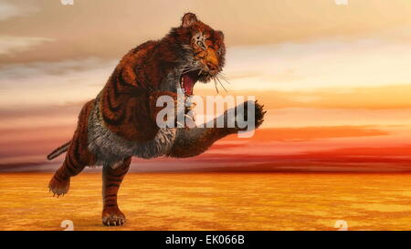 Tiger jumping by sunset - 3D render Stock Photo