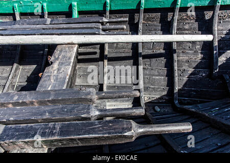 Graphic view of the inside of an old fishing row boat at the Bolungarvik Fishing Museum in Iceland. Stock Photo