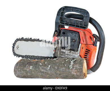 chainsaw and cut wood isolated on white background Stock Photo