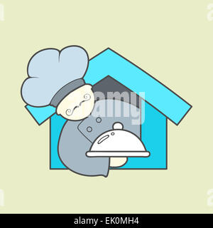 Flat vector icon of cute chef, mustaches and tray with lid Stock Photo