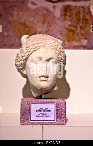 Head of Apollo - detail of the Roman statue exhibit at the Museum of Side in Turkey. Stock Photo