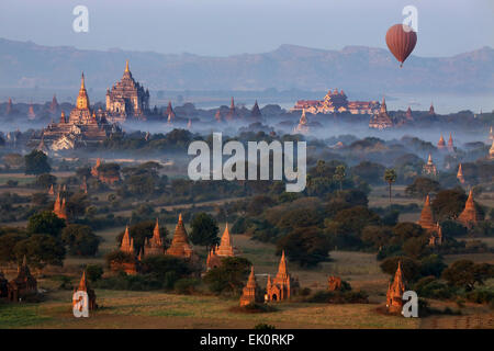 Early morning aerial view of the temples of the Archaeological Zone near the Irrawaddy River in Bagan in Myanmar (Burma). Stock Photo