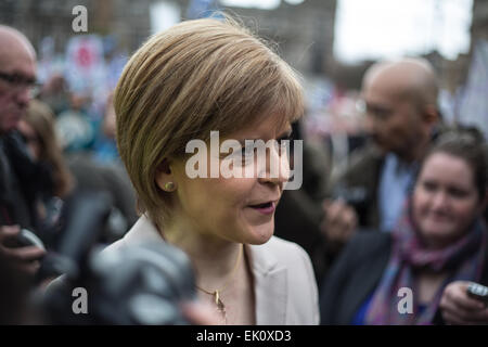 Glasgow, Scotland, UK. 4th April, 2015. Nicola Sturgeon, First Minister of Scotland and leader of the Scottish National Party, speaks at an anti-Trident demonstration, in George Square, Glasgow, Scotland, on 4th April 2015. Credit:  jeremy sutton-hibbert/Alamy Live News Stock Photo