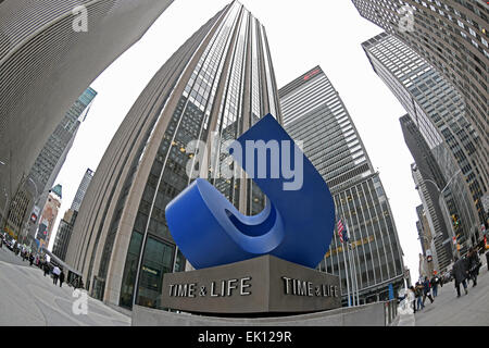 Fisheye lens view of the Time & Life building on West 50th Street & Avenue of the Americas in Midtown Manhattan, New York City. Stock Photo