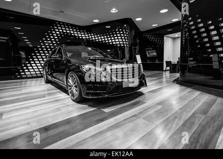 BERLIN - JANUARY 24, 2015: Full-size luxury car Mercedes-Benz S350 BT Lang (W222). Black and white. Produced since 2013. Stock Photo