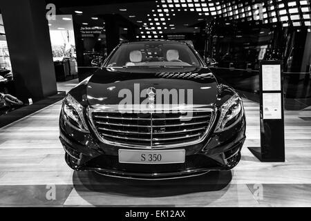 BERLIN - JANUARY 24, 2015: Full-size luxury car Mercedes-Benz S350 BT Lang (W222). Black and white. Produced since 2013. Stock Photo