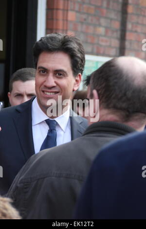 Warrington, UK. 4 Apr 2015. Labour Party leader Ed Miliband emerges from Parr Hall to meet well-wishers following an Election rallly. Credit:  Deborah Vernon/Alamy Live News Stock Photo