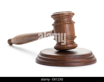 Wooden judge gavel and soundboard isolated on white background Stock Photo