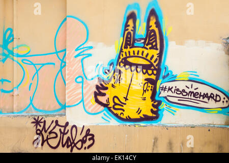 Saint-Petersburg, Russia - April 3, 2015: Graffiti with yellow monster on the wall. Vasilievsky island Stock Photo