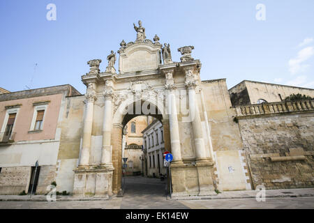 Porta Rudiae, one of the three gates to the historical center of Lecce, Apulia, Italy, dedicated to Saint Oronzo of Lecce. Stock Photo
