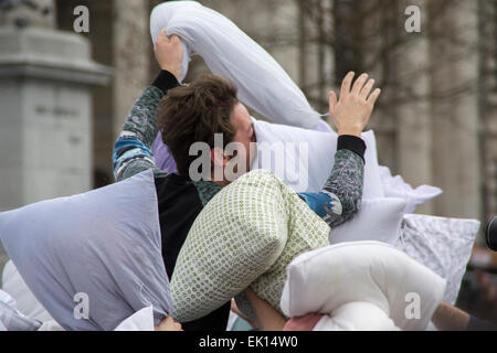 Trafalgar Square, London, UK - 4th April 2015: The London International Pillow Fight. Credit:  Paul Mendoza/Alamy Live News Stock Photo
