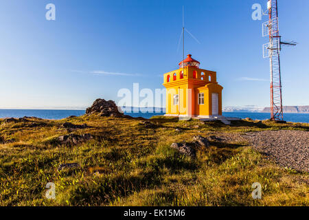 Lighthouse at Bolungarvik on Isafjordur Bay Stock Photo