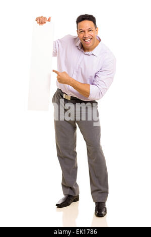 cheerful man pointing empty board isolated on white Stock Photo