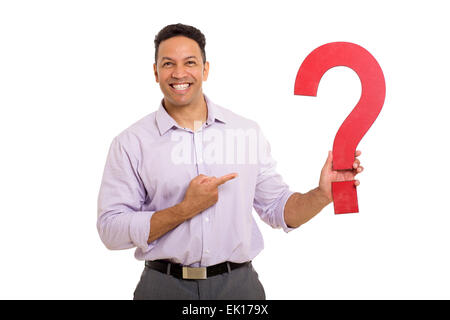 portrait of happy businessman pointing red question mark isolated on white Stock Photo