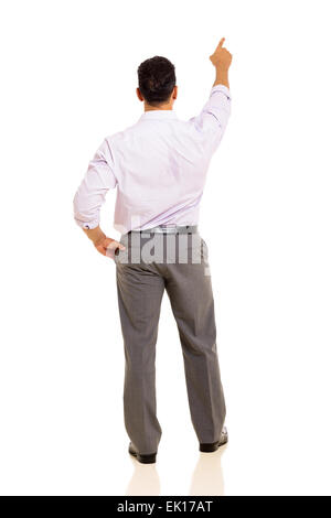 rear view of man pointing at empty copy space isolated on white Stock Photo