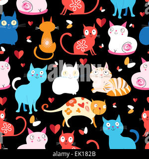 Bright seamless pattern of colored cats on a black background Stock Photo